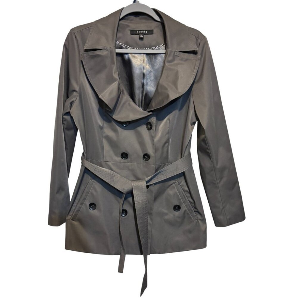 Sandro Studio Gray Ruffle Double Breasted Belted Trench Coat